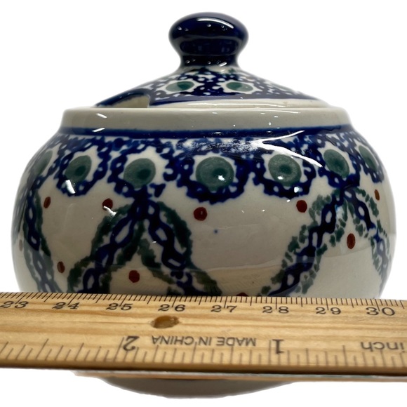 EUC Boleslawiec Polish Pottery Lidded Sugar Bowl-Blue Braided Chain Grn. 10 Oz. - Picture 3 of 9